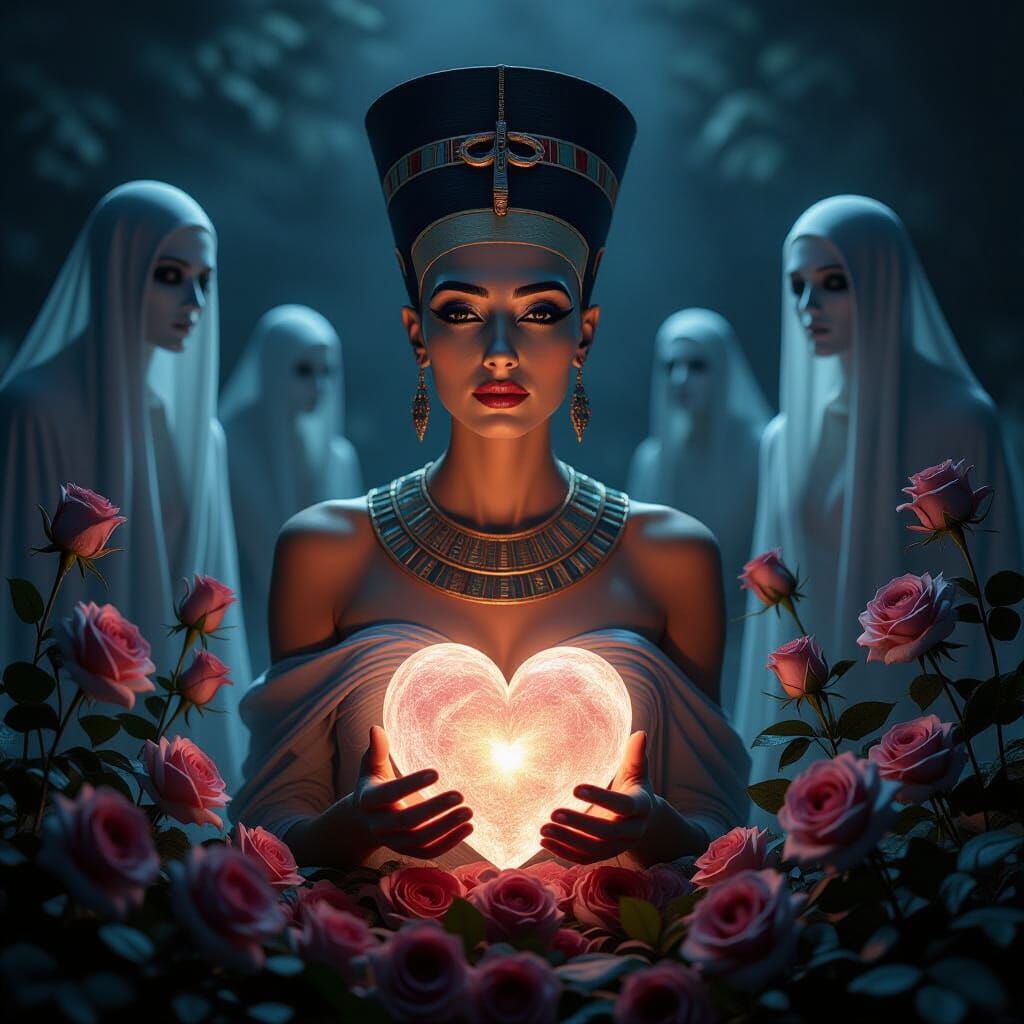 Nefertiti's Ethereal Heart with Ghostly Roses