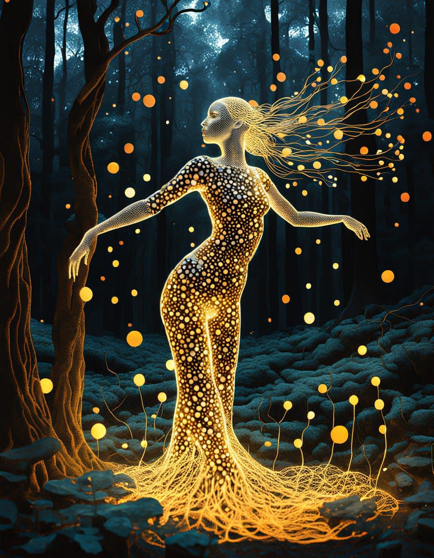 Ethereal Iridescent Goddess Rises from Forest Floor in Whims...