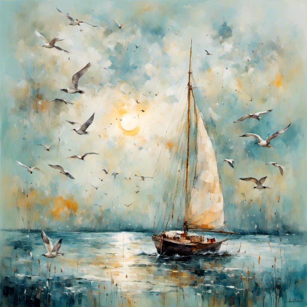 Seagulls and Small Sailboat on the Sea