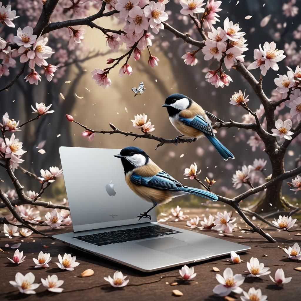 Chickadee on MacBook with Almond Blossoms