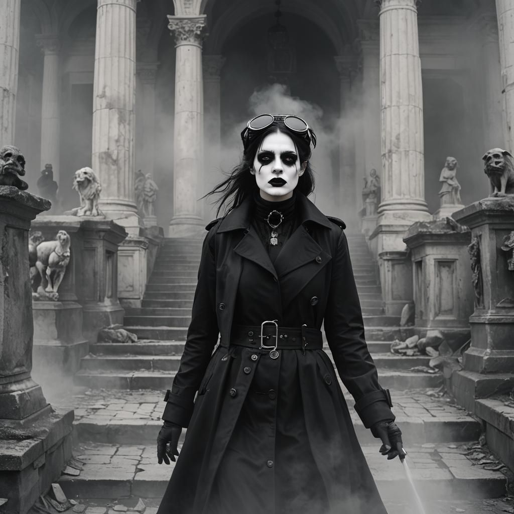 Gothic Model in Roman Ruins, Black and White Photography
