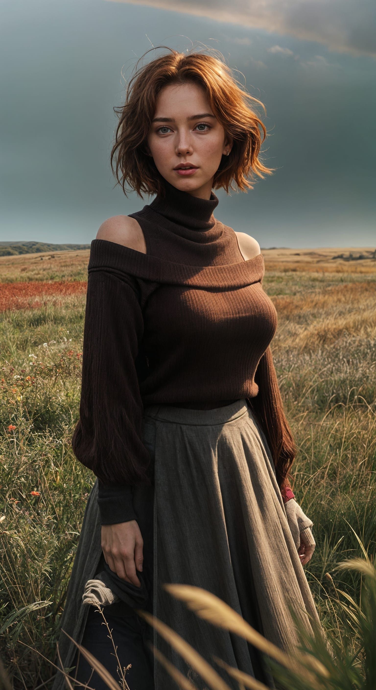 Young Woman with Red Hair in Casual Outfit