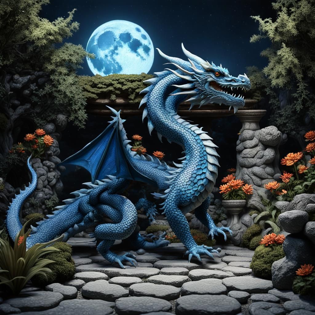 Blue Dragon in Fantastical Garden, Contemporary Realism