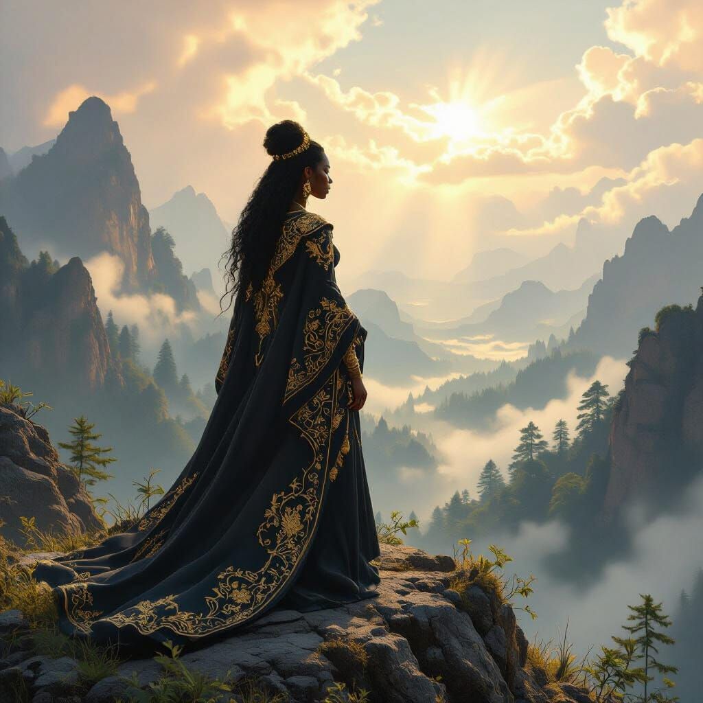 Regal Woman Overlooking Ancient Forest in Digital Painting