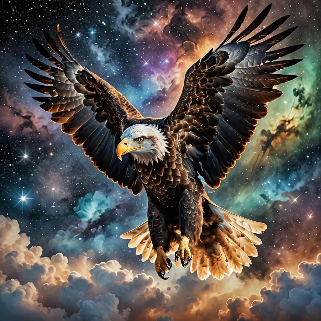 Majestic Eagle in Flight Amidst Stardust