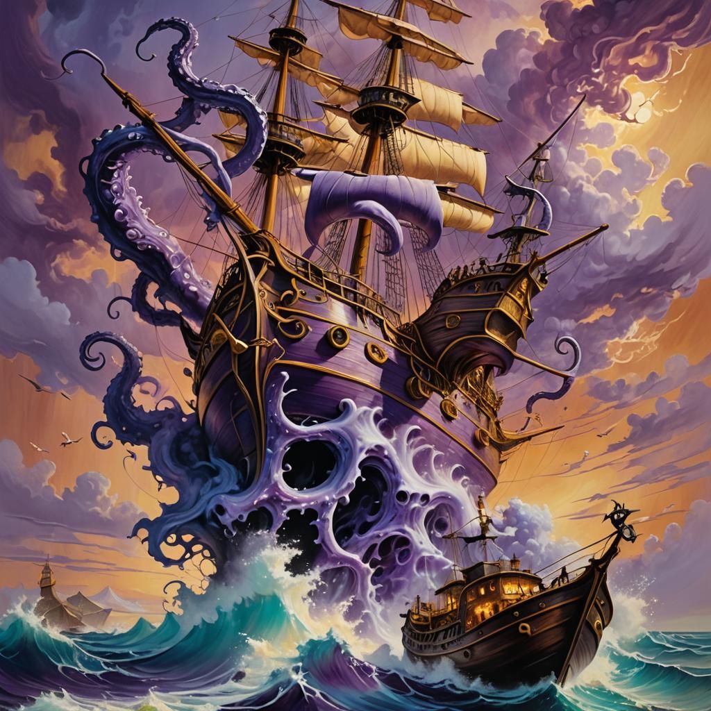 Kraken's Surreal Attack: A Dali-Inspired Seascape