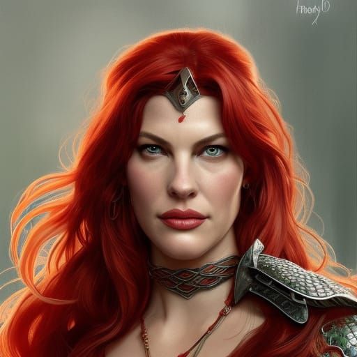 Red Sonja Portrait in Hyperdetailed Digital Art Style