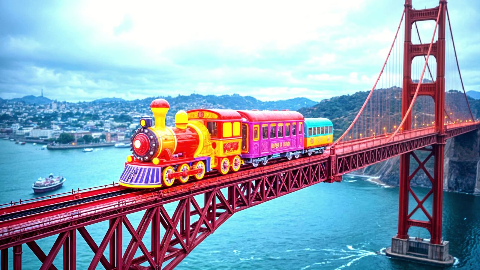 Inflatable Train on the Golden Gate Bridge, neo-surrealism