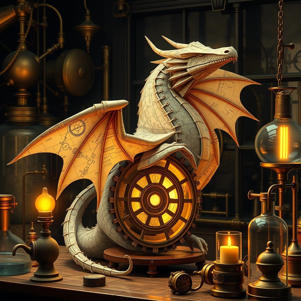 Steampunk Origami Dragon in Victorian Laboratory