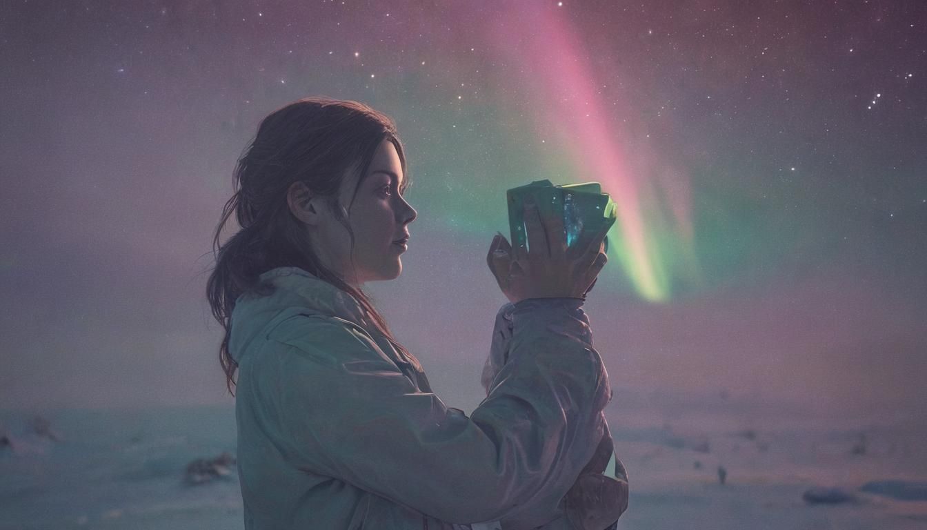 Woman Playing Cards Under Aurora: Digital Concept Art