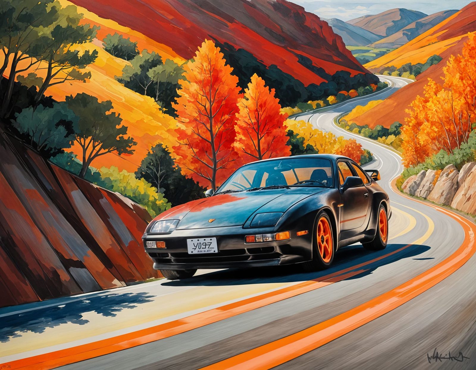 Vibrant Porsche 944 Speeds Down a Winding Road in Impression...