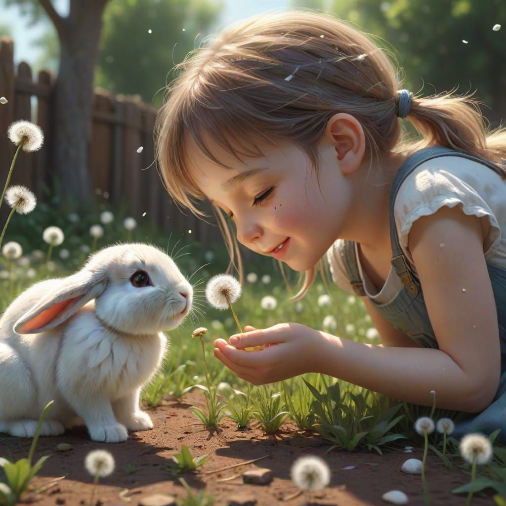 Tiny Bunny Gifts Happy Girl a Dandelion
