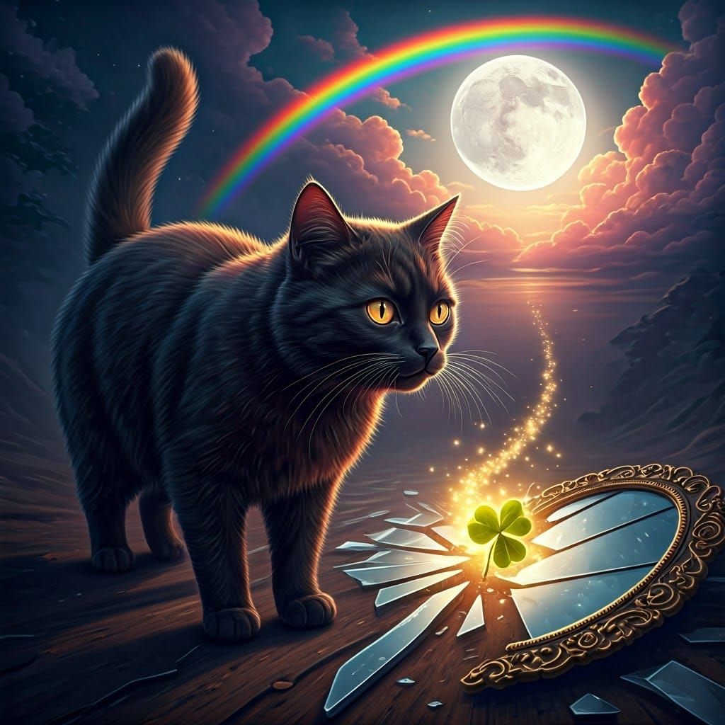 (background: A black cat crossing in front of a full moon),
(midground: A broken mirror with eerie reflections and scatt...