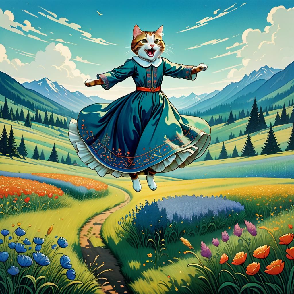 Happy Cat in Gown, Fairy-Tale Digital Illustration