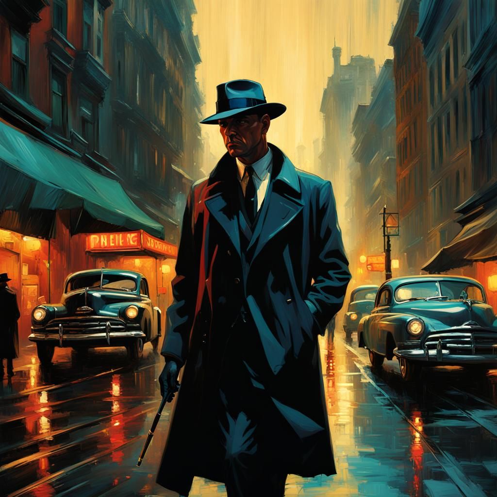 Film Noir Detective in Rainy City Street