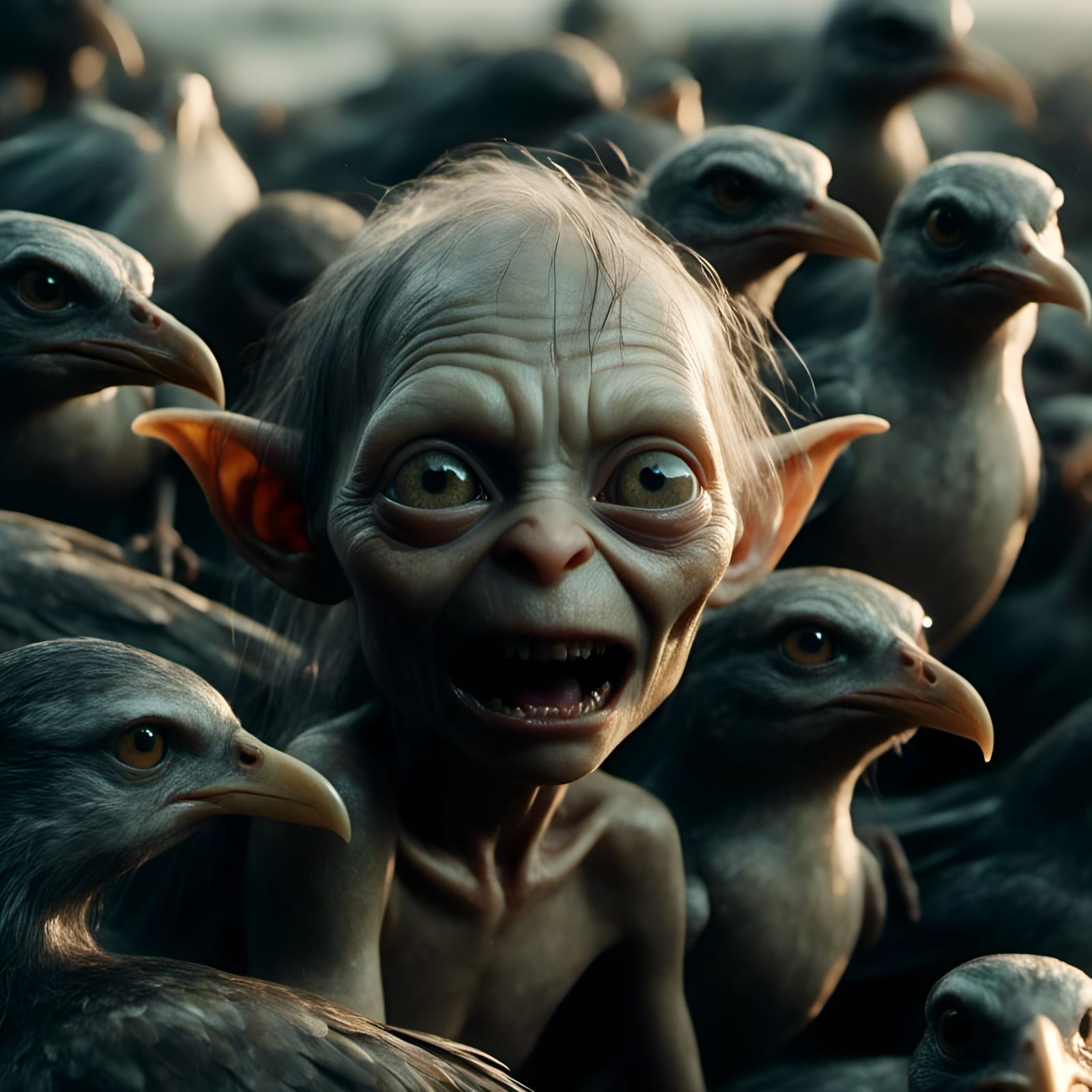 Gollum Surrounded by Seagulls on a Beach