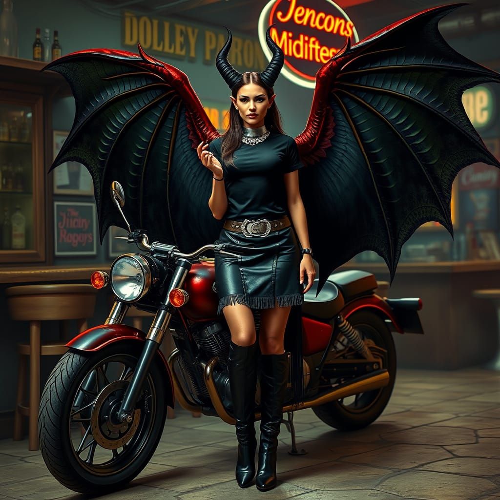 Hyperrealistic Demon Girl on Motorcycle