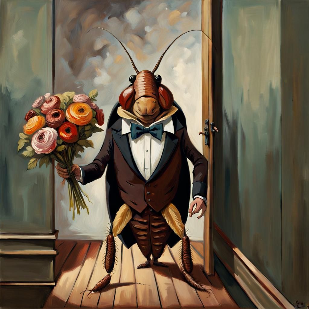 Cockroach Gentleman Arriving for Dinner, Courbet Style
