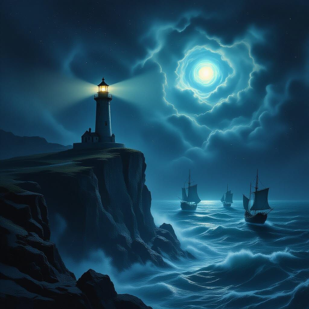 Cosmic Lighthouse on Obsidian Cliff in Dark Fantasy Style