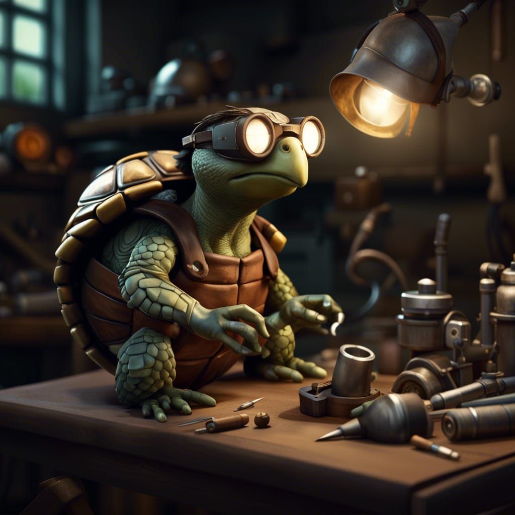 Tortle Artificer in Workshop: Hyper-Realistic Dark Fantasy