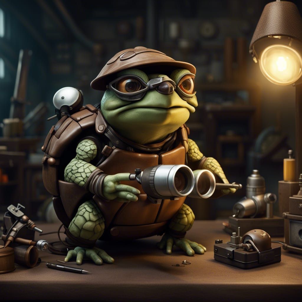 Angry Tortle Artificer in Workshop with Robot Bird
