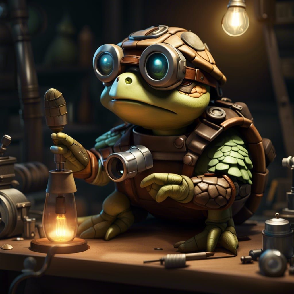 Tortle Artificer in Workshop with Robot Bird