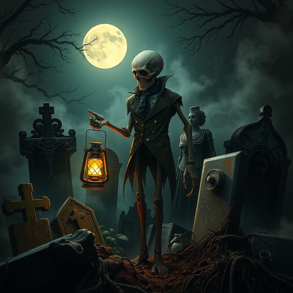 Moonlit Cemetery with Cadaverous Figure