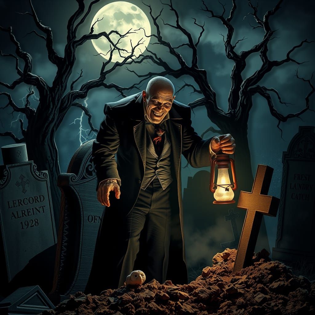 Moonlit Cemetery Figure in Gothic Horror Style