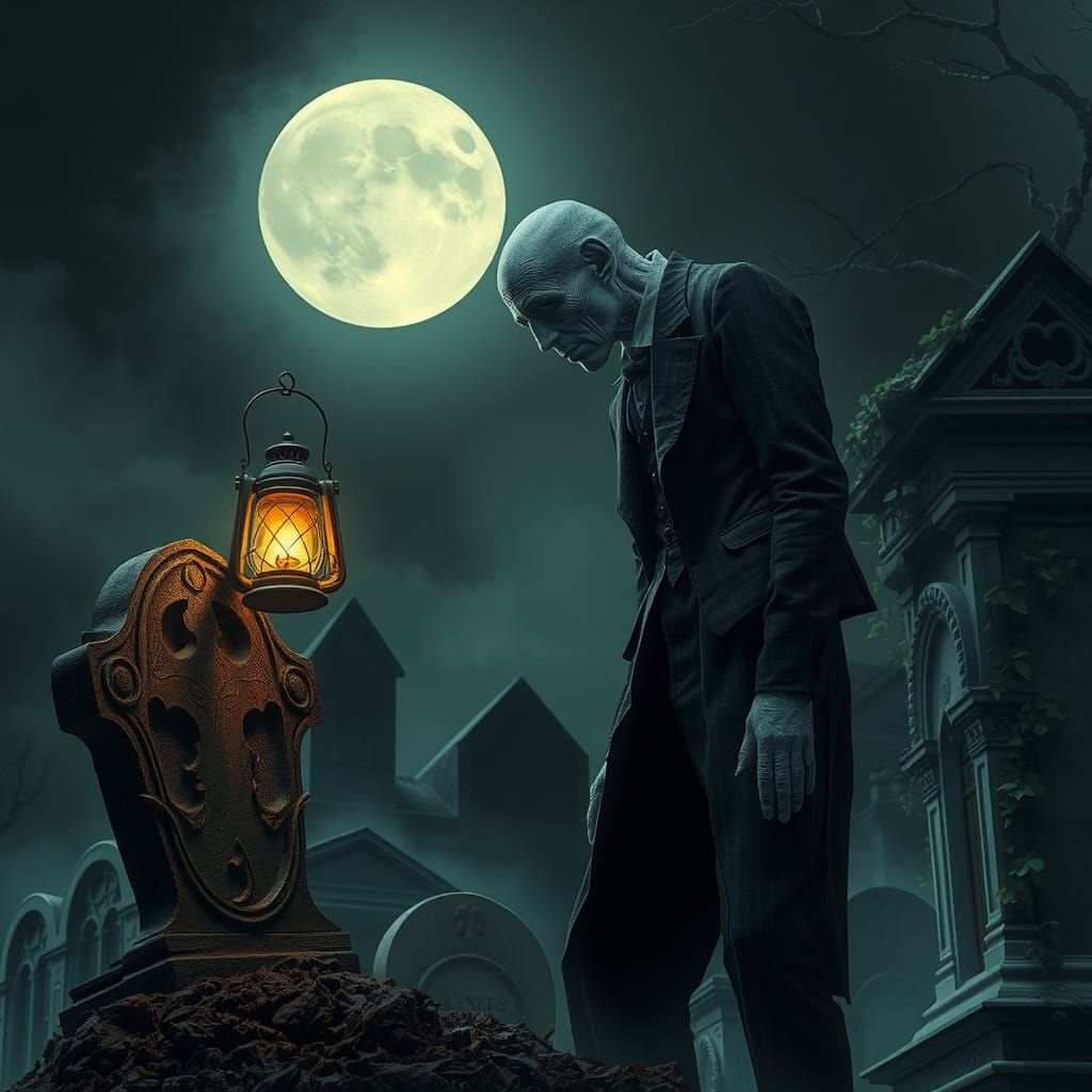 Eerie Gothic Cemetery Under Pale Moonlight