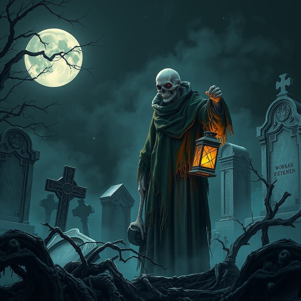 Moonlit Cemetery Specter in Victorian Attire