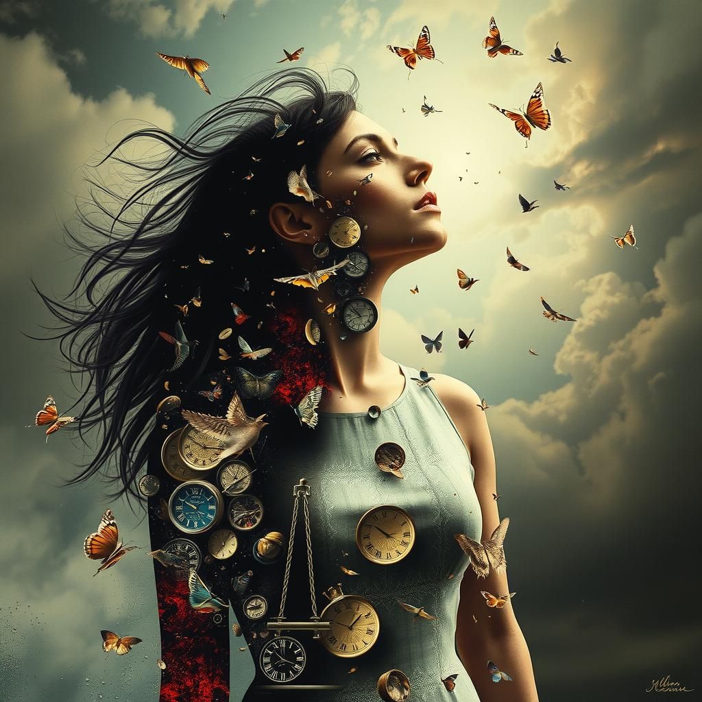 Surreal Dreamscape: Woman in Time Dress