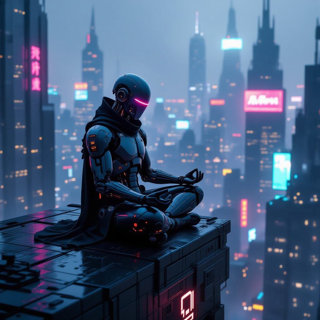 Cyborg Monk Meditating in Neon Cyberpunk City