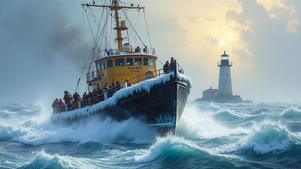 Icy Bow: Fishing Vessel Braving Maine Storm