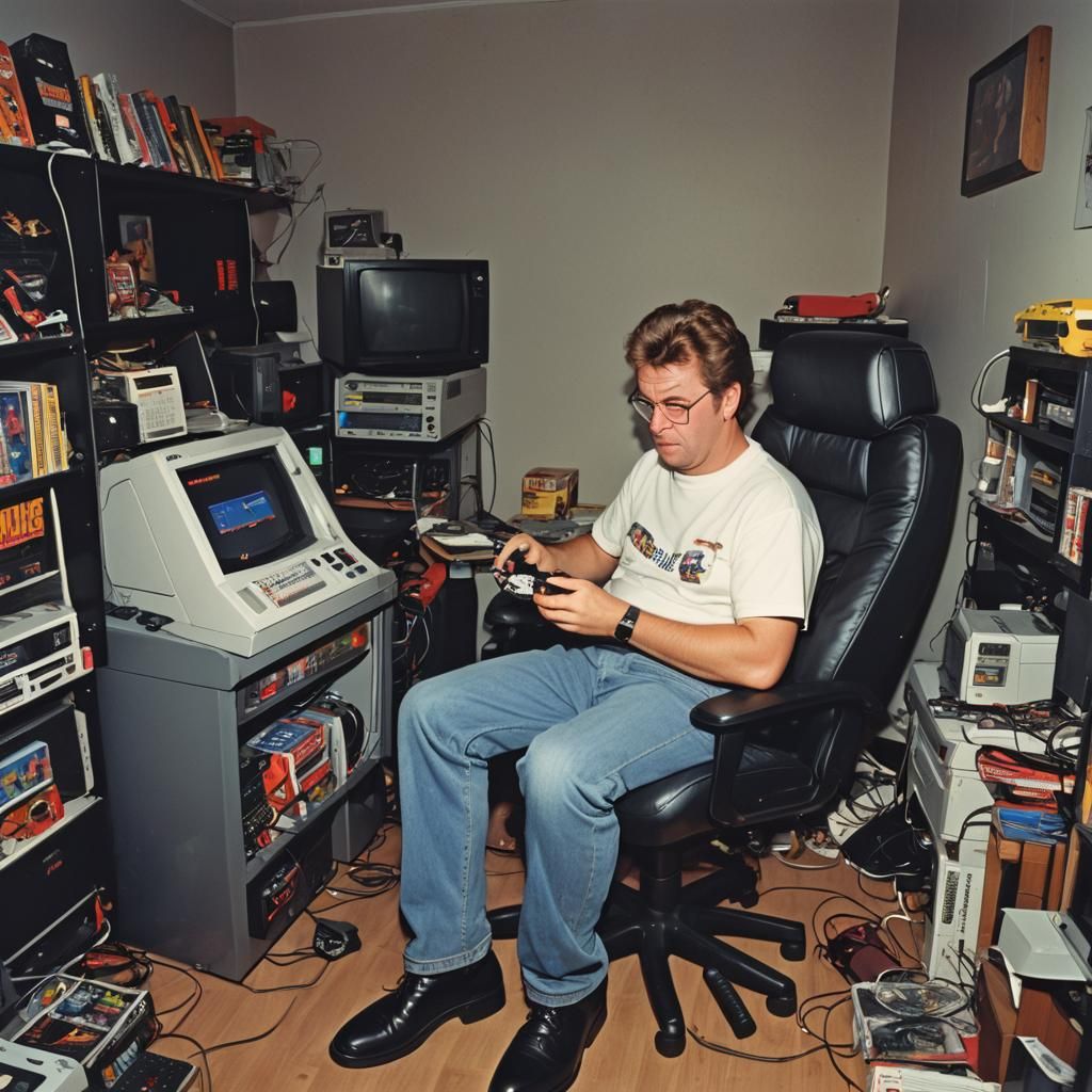 Gamer in Dimly Lit Room with Retro Computer
