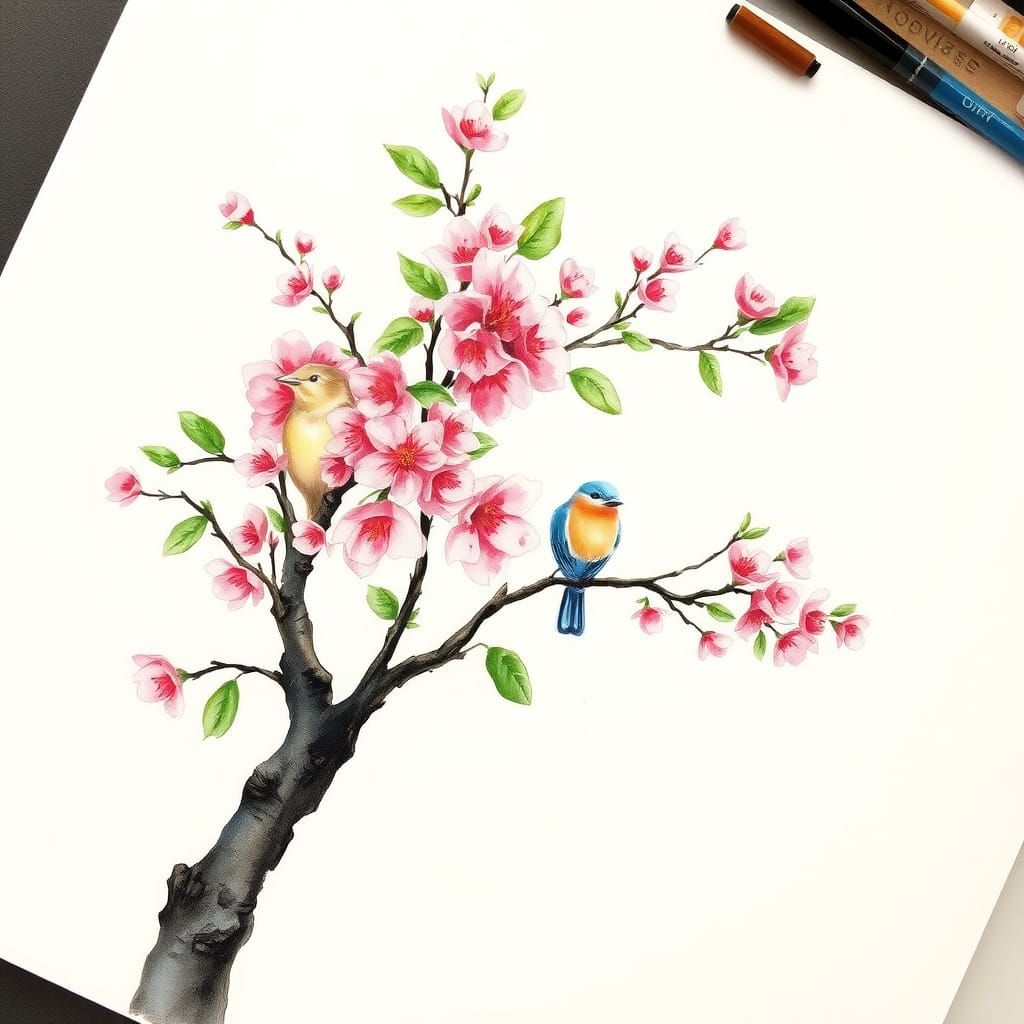 Cherry Tree Watercolor Painting with Birds