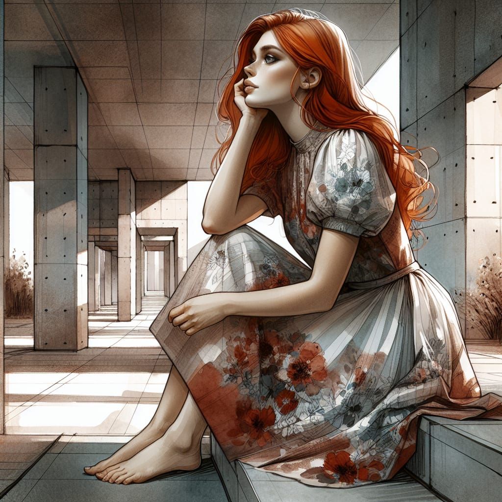 Daydreaming Redhead in Watercolor Style