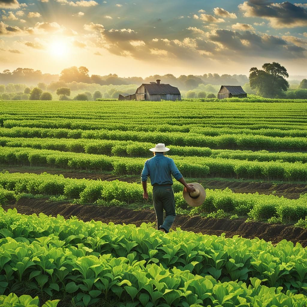 Romantic Farmer in Green Fields: Matte Painting