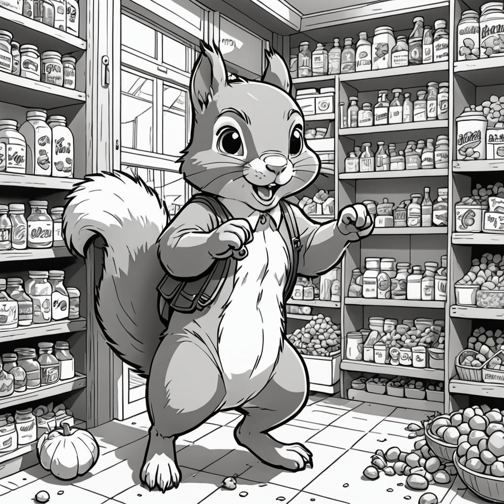 Squirrel Stealing Nuts: Anime Coloring Book Page
