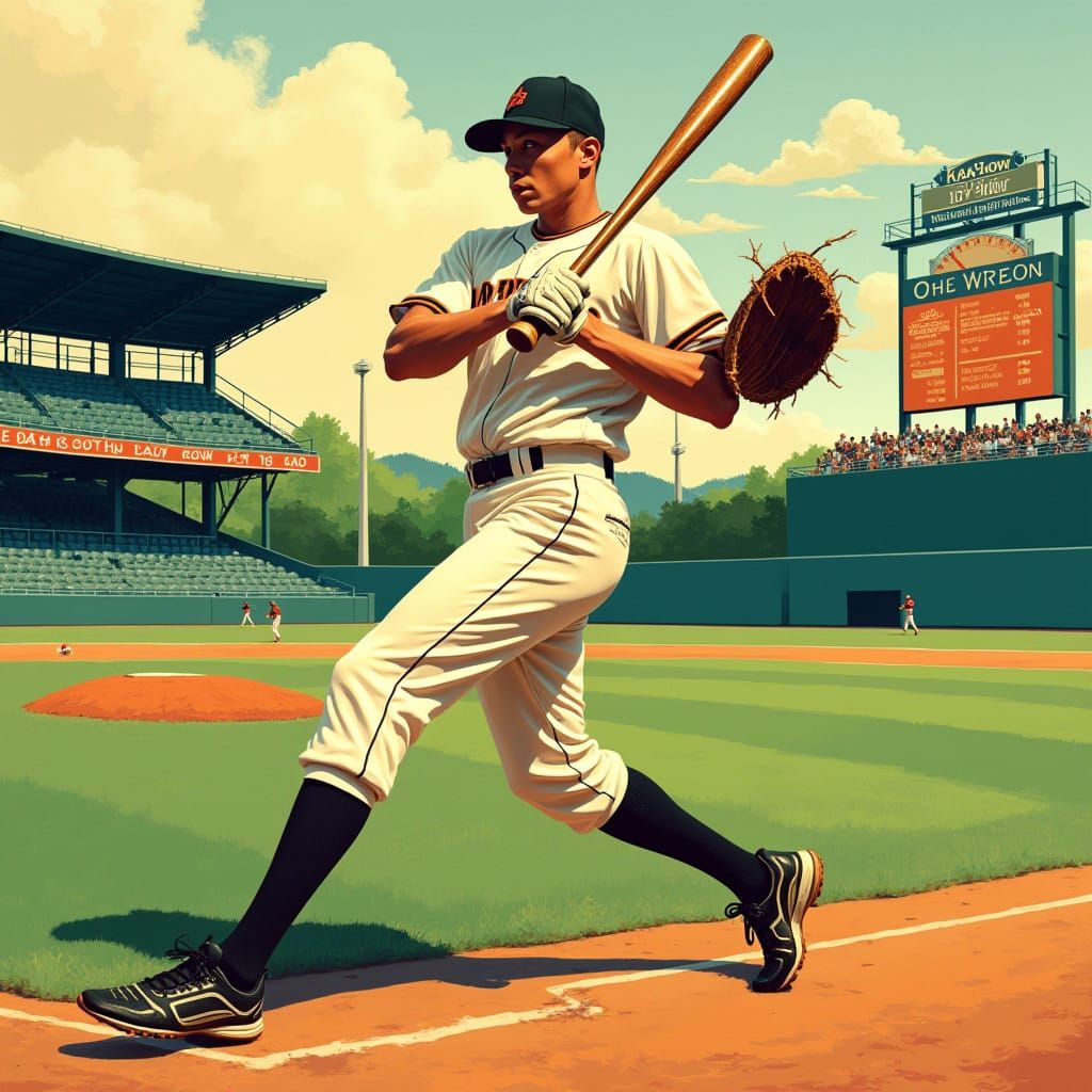 Baseball Player in Action, Set Against a Vibrant Retro Stadi...