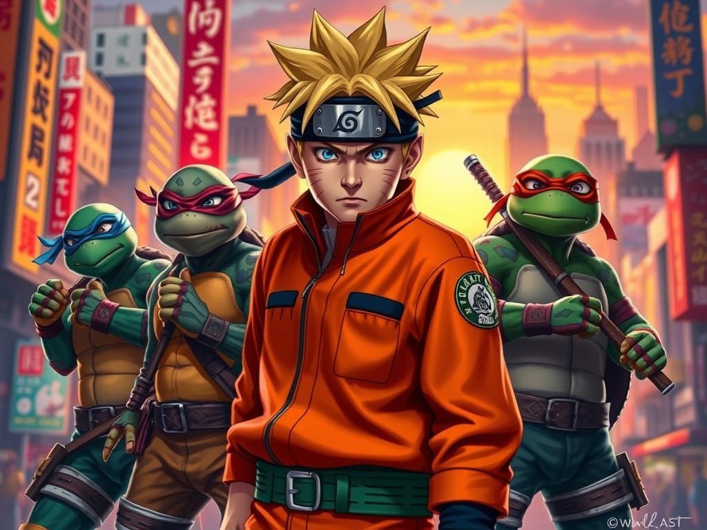 Naruto and Ninja Turtles Duel in Dramatic Cityscape
