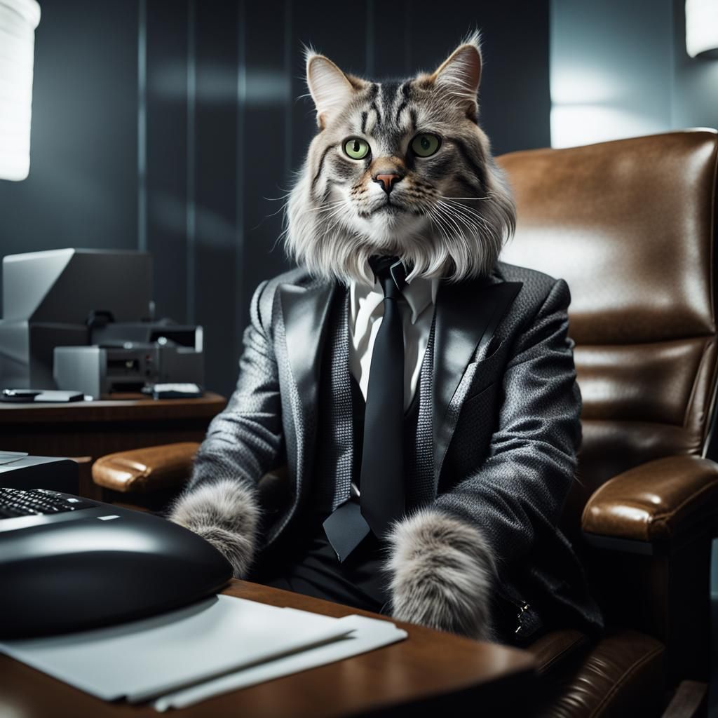 Tabby Cat Blocks Evil CEO in Modern Office