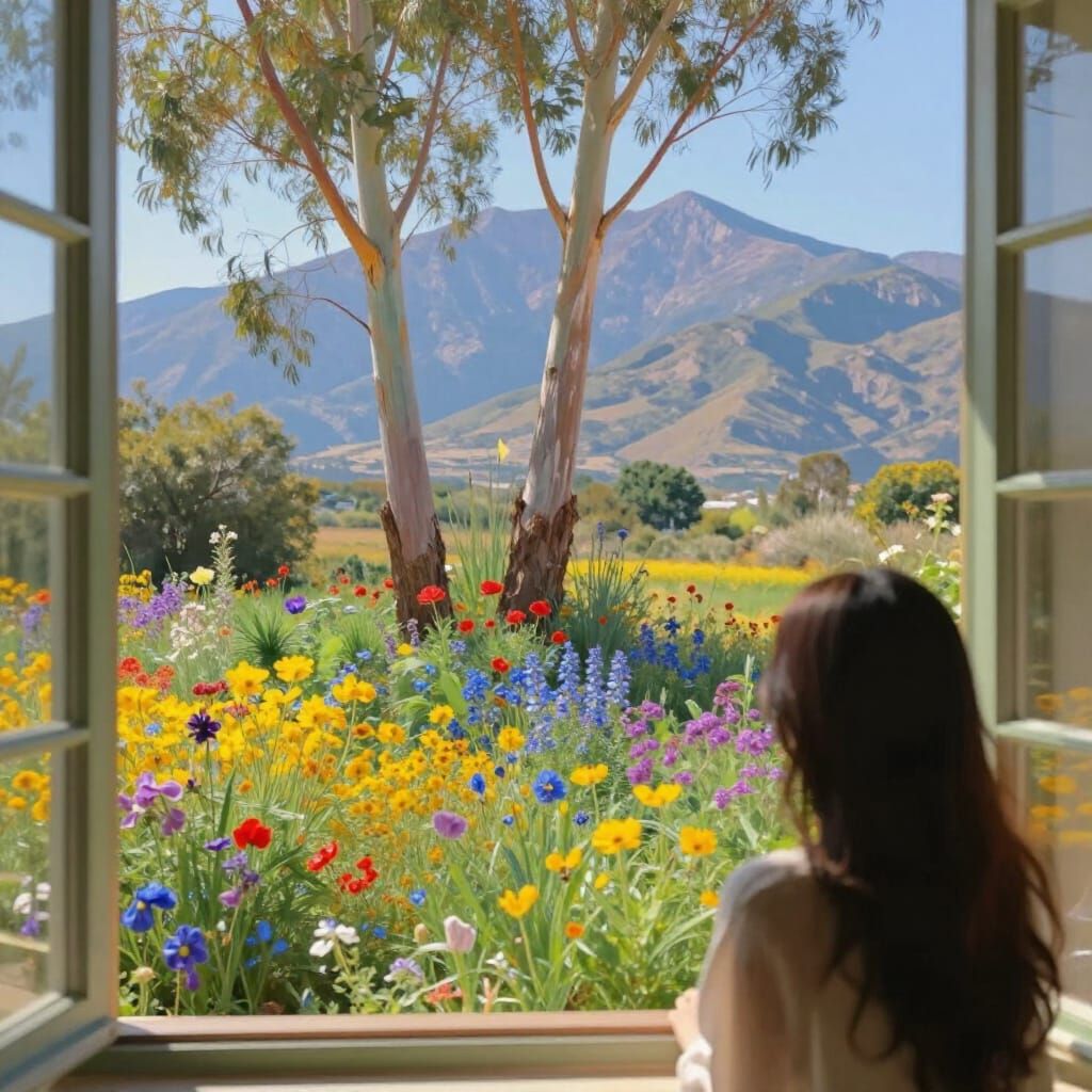 Romantic Landscape Painting of Garden and Mountains