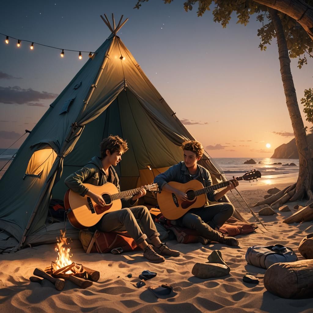 Boy Plays Guitar on Beach in Matte Painting