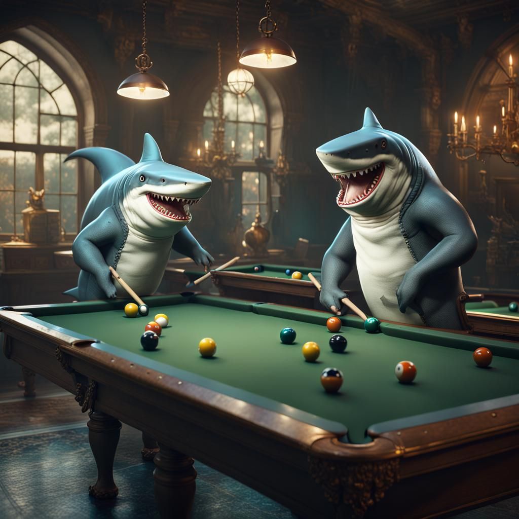 Anthropomorphic Sharks Play Pool: Detailed Matte Painting