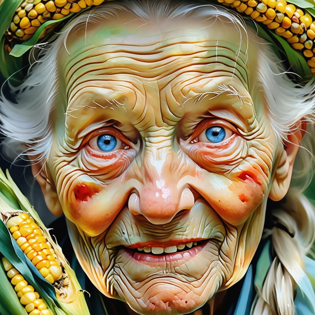 Hyper-Realistic Portrait of Old Woman with Green-Blue Eye