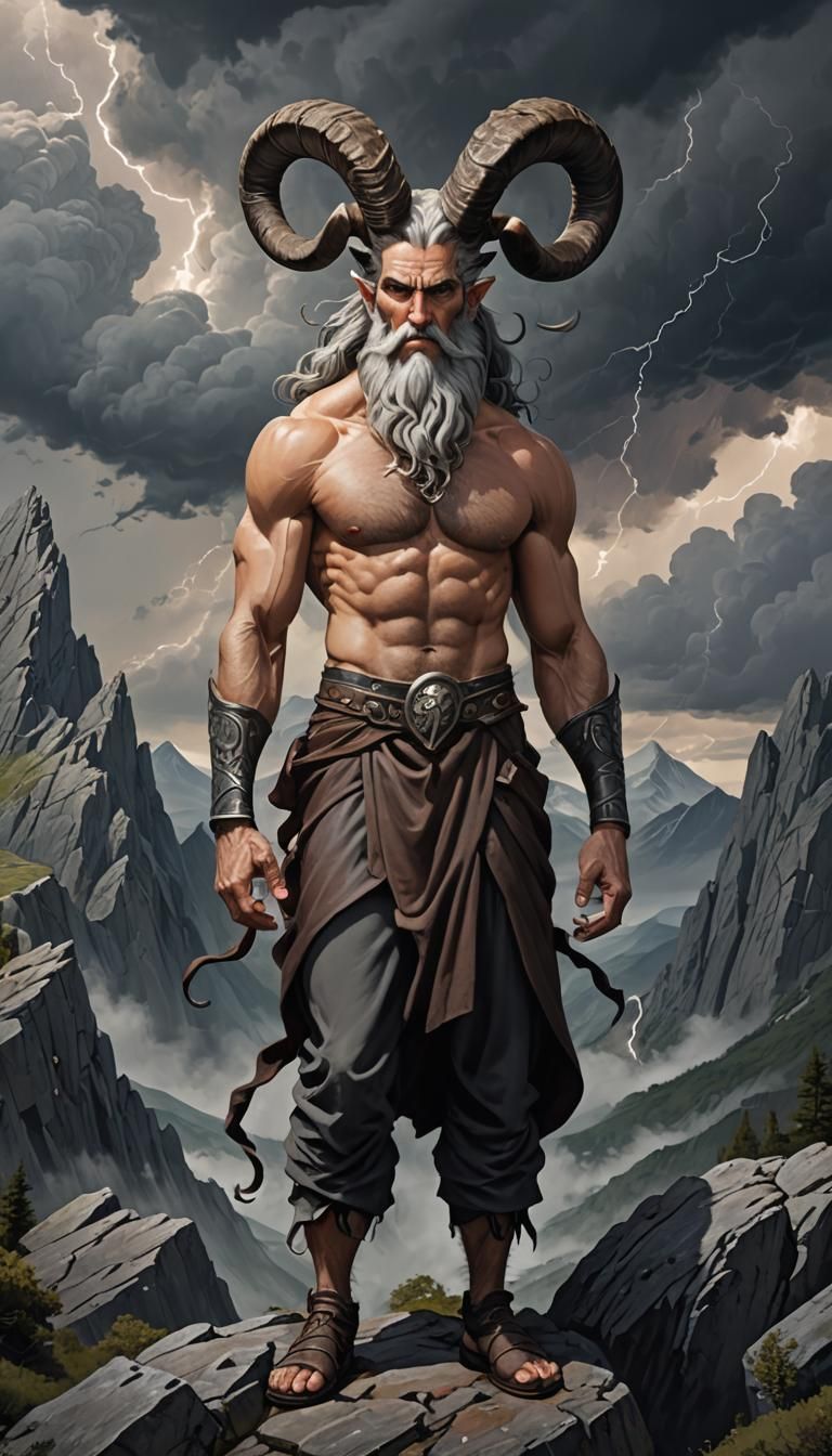 Eldritch Mountain Man with Horns in Romanesque Style