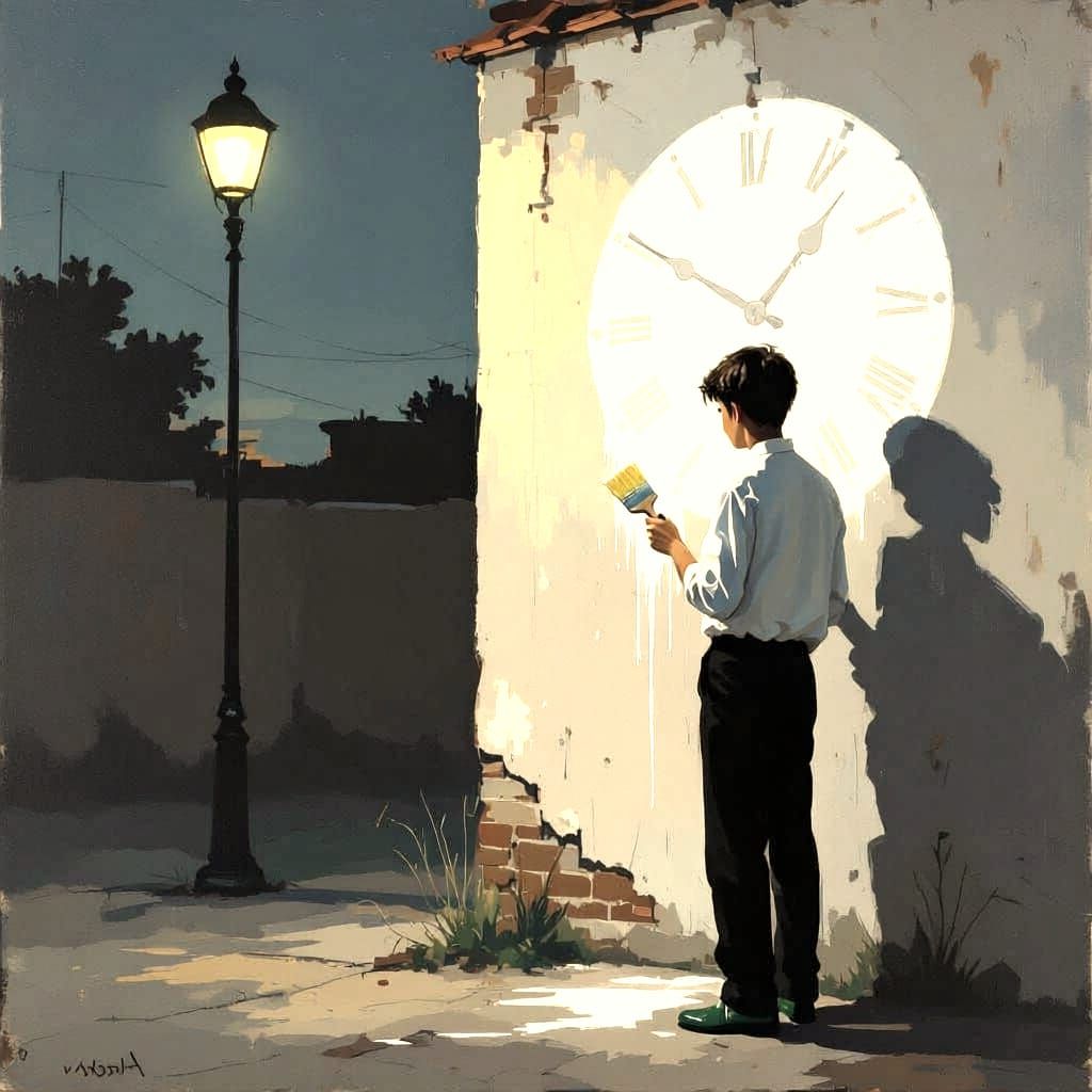 Teen Boy Painting Clock at Dusk