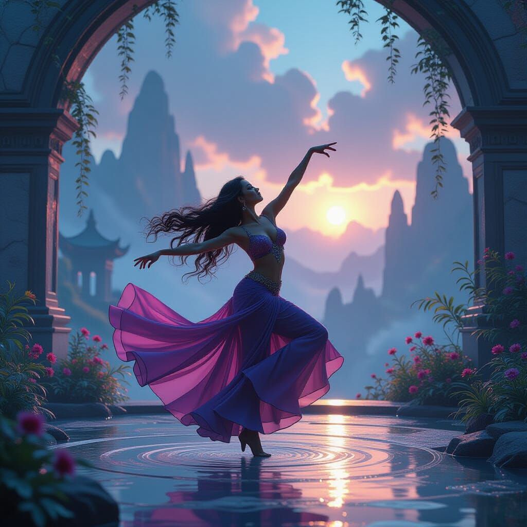 hyper-realism, dancer, landscape, flow at a rhythm, surreal ...