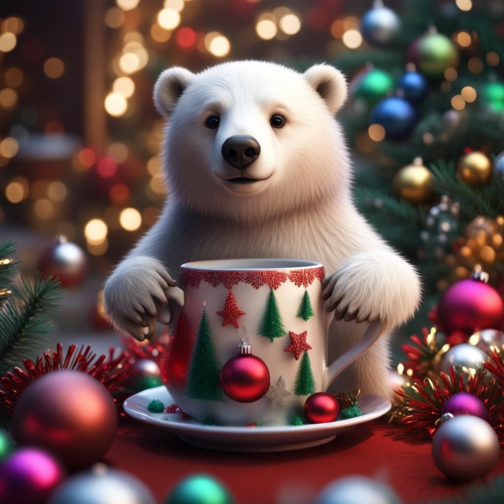 Cute White Bear in Christmas Mug: Hyperrealistic Portrait
