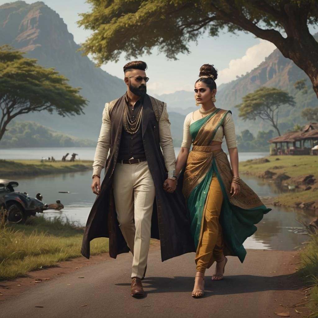 South Indian Couple Near Lake: Ultra Realistic